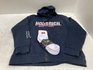 HOODRICH MENS PRINTED HOODY IN NAVY - UK SIZE LARGE TO INCLUDE ELLESSE EVERYDAY SOCKS IN WHITE - UK SIZE 9-11.5: LOCATION - H1