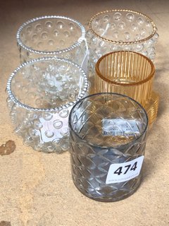 (COLLECTION ONLY) 5 X ASSORTED STYLE GLASS TEA LIGHT HOLDERS TO INCLUDE TEA LIGHT HOLDER IN GREY: LOCATION - CR2
