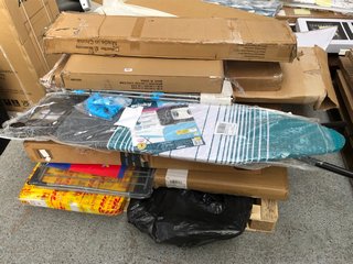 PALLET OF ASSORTED HOUSEHOLD ITEMS TO INCLUDE MINKY HOMECARE IRONING BOARD IN GREEN/WHITE: LOCATION - D6 (KERBSIDE PALLET DELIVERY)