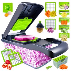 QUANTITY OF ASSORTED ITEMS TO INCLUDE 12 IN 1 VEGETABLE CHOPPER ONION CHOPPER FOOD CHOPPER - MULTI VEGETABLE CHOPPER SALAD CHOPPER FRUIT SLICER CUTTER CARROT CHOPPER CHIP SLICER POTATO CHOPPER - USEF
