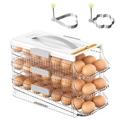 8 X EGG STORAGE FRIDGE 3 LAYE EGG TRAY FRIDGE, STACKABLE EGG CONTAINER FOR REFRIGERATOR WITH HANDLE, CLEAR ROLLING EGG HOLDER FRIDGE WITH REMOVABLE LID EGG STORAGE BOX (48 EGGS) - TOTAL RRP £96: LOCA