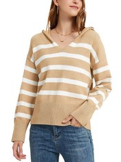 QUANTITY OF ASSORTED ITEMS TO INCLUDE MESS BEBE WOMEN'S STRIPED KNITTED JUMPERS V NECK LONG SLEEVE PULLOVER SWEATER LADIES LIGHTWEIGHT JUMPER TOPS KHAKI M: LOCATION - B