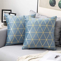 QUANTITY OF ASSORTED ITEMS TO INCLUDE MIULEE VELVET CUSHION COVER GILDED THROW PILLOW COVERS WITH GOLD LINES TRIANGLE PATTERN SQUARE DECORATIVE SOFT HOME FOR SOFA LIVING ROOM BEDROOM LIGHT BLUE 18 X