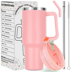 QUANTITY OF ASSORTED ITEMS TO INCLUDE 40 OZ TUMBLER WITH STRAW AND LID-STAINLESS STEEL VACUUM TRAVEL MUG WITH HANDLE, ROSE PINK INSULATED TUMBLER KEEPS COLD FOR 34 HRS OR HOT FOR 12 HRS: LOCATION - C