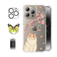 32 X ROSEPARROT [4-IN-1 IPHONE 15 PRO CASE WITH TEMPERED GLASS SCREEN PROTECTOR + CAMERA LENS PROTECTOR + RING HOLDER,CLEAR WITH FLORAL PATTERN DESIGN,SHOCKPROOF PROTECTIVE COVER,6.1"(BEGONIA CAT) -