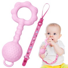 27 X ALSO BABY TEETHING TOYS, SOFT SILICONE BABY TEETHING TOY, RATTLE SOOTHING TEETHING TOYS WITH PACIFIER CHAIN, EASY TO HOLD AND CLEAN UP, STIMULATES AND MASSAGES SORE GUMS (PINK) - TOTAL RRP £130: