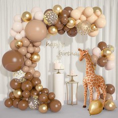 QUANTITY OF ASSORTED ITEMS TO INCLUDE 126PCS COFFEE BROWN CARAMEL BALLOONS GARLAND ARCH KIT BLUSH NUDE DOUBLE STUFFED APRICOT GOLD METALLIC LATEX CONFETTI BALLOONS SKIN NEUTRAL JUNGLE SAFARI WILD BOY