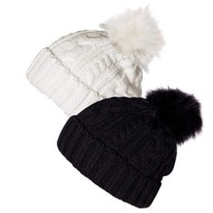 14 X YSENSE BEANIE HAT BLACK AND WHITE, 2 PACK WOMEN WINTER KNITTED DOUBLE LAYER LOVELY BOBBLE HATS WITH FAUX POMPOM - BLACK / WHITE BEANIE HAT - ONE SIZE - TOTAL RRP £116: LOCATION - A