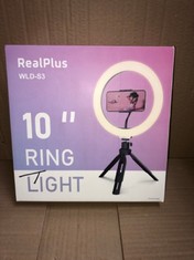 QUANTITY OF ASSORTED ITEMS TO INCLUDE REALPLUS LED RING LIGHT, 10" RING LIGHT WITH TRIPOD STAND & PHONE HOLDER, SELFIE RING LIGHT WITH 3 LIGHT MODES & 10 BRIGHTNESS FOR YOUTUBE VIDEO TIKTOK-GIFTS FOR