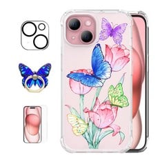 34 X ROSEPARROT [4-IN-1 IPHONE 15 CASE WITH TEMPERED GLASS SCREEN PROTECTOR + CAMERA LENS PROTECTOR,CLEAR WITH FLORAL PATTERN DESIGN,SHOCKPROOF PROTECTIVE COVER,6.1"(BEGONIA CAT) - TOTAL RRP £283: LO