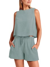 QUANTITY OF ASSORTED ITEMS TO INCLUDE REORIA WOMEN 2 PIECE OUTFITS SLEEVELESS CROP TOP TANK AND HIGH WAISTED SHORTS SETS LOUNGEWEAR ROMPER TRACKSUITS GREEN S: LOCATION - F
