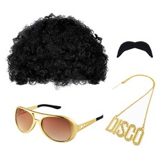 QUANTITY OF ASSORTED ITEMS TO INCLUDE MIVAN 4 PIECES HIPPIE COSTUME ACCESSORIES 70S FANCY DRESS HIPPY COSTUME, FUNKY AFRO WIG, MOUSTACHE, 70S ACCESSORIES FOR MEN HIPPIE COSTUME MENS WIG, FOR 60S 70S