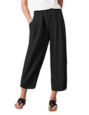 19 X TOMEEK WOMENS CROPPED TROUSERS WIDE LEG HAREM LOUNGE PANTS WITH POCKETS COTTON HIGH WAIST CAPRI PANTS LOOSE LINEN TROUSERS SUMMER, BLACK, SIZE S - TOTAL RRP £270: LOCATION - F