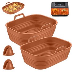 21 X SILICONE AIR FRYER LINER, FOLDABLE 4PCS AIR FRYER LINERS & OVEN MITTS, 8.46INCH REUSABLE NINJA DUAL AIR FRYER POTS, ACCESSORIES FOR NINJA AF400UK & TOWER T17088 & AF300UK (SILICONE, BROWN) - TOT