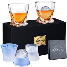 9 X LIGHTEN LIFE WHISKEY GLASS SET-(2 WHISKY TUMBLER,2 ICE MOLDS & 2 COASTERS IN GIFT BOX,NON-LEAD OLD FASHIONED GLASS FOR BOURBON SCOTCH,WHISKEY ROCK GLASSES WITH ICE MOLD WHISKEY GIFT SET - TOTAL R