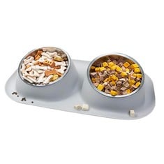16 X HELICOIL 2 IN 1 CAT BOWL SMALL DOG BOWL FOOD GRADE STAINLESS STEEL NECK GUARD TILT BOWL WITH ROUND BOTTOM PREVENT FOOD LEAKAGE GREY - TOTAL RRP £133: LOCATION - G