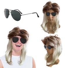QUANTITY OF ASSORTED ITEMS TO INCLUDE TSHAOUN 2 PIECES ROCK WIG SET, ROCKER BLOND BROWN WIG ROCKSTAR, 80'S RETRO DISCO WIG COSTUME MEN, HIPPY STAR ARTIFICIAL HAIR FOR 1980S DISCO, THEME PARTY, CARNIV