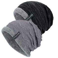 16 X 2 PACK MENS HATS SLOUCH BEANIE HAT KNITTED BAGGY SKULL CAP BLACK BEANIES HATS FOR MENS GIFTS(BLACK+GREY) - TOTAL RRP £133: LOCATION - A RACK
