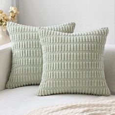 32 X MIU LEE PEA GREEN CUSHION COVERS FOR LIVING ROOM SOFA AND BEDROOM SOFT CORDUROY SQUARE CUSHION COVER BOHO DECOR 16 X 16 INCH 40X40 CM 2 PIECES - TOTAL RRP £344: LOCATION - B RACK