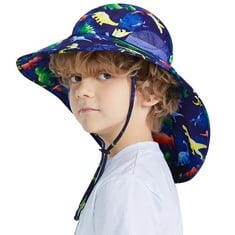 26 X WAWASAN BOYS DINOSAUR SUN HAT ADJUSTABLE KIDS SUN PROTECTION HAT BREATHABLE TODDLER BUCKET CAP WIDE BRIM BOYS NECK PROTECTION BEACH HAT FOR AGES 4-12D DARK BLUE - TOTAL RRP £195: LOCATION - A RA