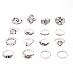 45 X DUSENLY 16PCS VINTAGE WOMEN'S BOHO CRYSTAL RING SILVER JOINT KNUCKLE RINGS SET TIARA STACKING JEWELRY RINGS FOR WOMEN AND GIRLS - TOTAL RRP £225: LOCATION - C RACK