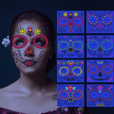 24 X 8 SHEETS HALLOWEEN DAY OF THE DEAD FACE TATTOOS,SUGAR SKULL TATTOOS GLOW UV NEON TEMPORARY TATTOOS FOR WOMEN HALLOWEEN CHRISTMAS FESTIVAL DIY MAKEUP PARTY PROPS - TOTAL RRP £120: LOCATION - A RA