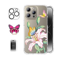 25 X ROSEPARROT [4-IN-1 IPHONE 15 PRO MAX CASE WITH TEMPERED GLASS SCREEN PROTECTOR + CAMERA LENS PROTECTOR,CLEAR WITH FLORAL PATTERN DESIGN,SHOCKPROOF PROTECTIVE COVER,6.7"(LILY) - TOTAL RRP £208: L
