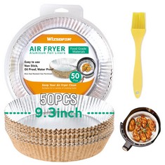 12 X AIR FRYER LINERS, 9.3 INCH AIR FRYER PARCHMENT PAPER LINER, REUSABLE, OIL-PROOF, WATER-PROOF, NON-STICK PARCHMENT PAPER LINERS AND ALUMINIUM FOIL IN ONE WITH BRUSH, COMPATIBLE WITH NINJA, TOWER
