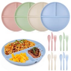 26 X HEJO 4PCS DIVIDED DINNER PLATES, 23CM PORTION CONTROL PLATE UNBREAKABLE DIVIDED PLATES, 3 SECTIONS DEEP DISHES SET INCLUDE FORK, SPOON, KNIFE, FOR KIDS AND ADULTS - TOTAL RRP £238: LOCATION - A