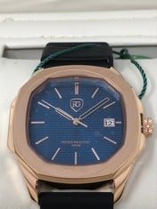 MENS RAYMOND GAUDIN WATCH 316 STAINLESS STEEL CASE JPN MOVEMENT BLUE DIAL RUBBER STRAP 5 ATM WATER RESISTANT WOODEN GIFT BOX EST £740: LOCATION - A