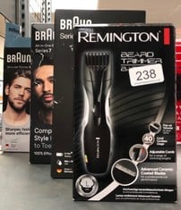 QUANTITY OF ITEMS TO INCLUDE REMINGTON BARBA BEARD TRIMMER (ADVANCED CERAMIC BLADES, POP-UP DETAIL TRIMMER, ADJUSTABLE ZOOM WHEEL, 9 LENGTH SETTINGS, COMB ATTACHMENT, CORD OR CORDLESS, 40-MINUTE RUNT
