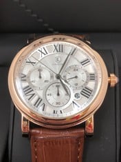 MENS LOUIS LANCOME CHRONOGRAPH WATCH MULTIFUNCTION DIAL WITH DATE ROMAN NUMERAL DIAL LEATHER STRAP GIFT BOX EST £420: LOCATION - A