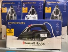 QUANTITY OF ITEMS TO INCLUDE RUSSELL HOBBS POWER STEAM ULTRA IRON, CERAMIC NON-STICK SOLEPLATE, 210G STEAM SHOT, 70G CONTINUOUS STEAM, 350ML WATER TANK, SELF-CLEAN, ANTI-CALC & ANTI-DRIP FUNCTION, 3M