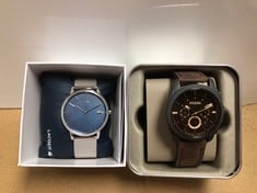 LACOSTE ANALOGUE QUARTZ WATCH FOR MEN WITH SILVER STAINLESS STEEL MESH BRACELET - 2011005 AND A FOSSIL MENS WATCH WITH A BROWN LEATHER STRAP AND A BROWN FACE : LOCATION - F