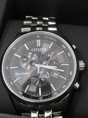 CITIZEN ECO-DRIVE TACHYMETER WATCH WITH BLACK FACE STEEL STRAP AND DATE: LOCATION - A