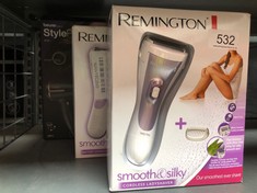 QUANTITY OF ITEMS TO INCLUDE REMINGTON CORDLESS ELECTRIC LADY SHAVER FOR WOMEN (RECHARGEABLE, 30 MINUTE USAGE, WET & DRY, SHOWERPROOF, MOISTURISING STRIP WITH ALOE VERA, BIKINI ATTACHMENT, STORAGE PO