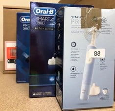 QUANTITY OF ITEMS TO INCLUDE ORAL-B VITALITY PRO ELECTRIC TOOTHBRUSH ADULTS, 1 HANDLE, 2 TOOTHBRUSH HEADS, 3 BRUSHING MODES INCLUDING SENSITIVE PLUS, 2 PIN UK PLUG, BLUE: LOCATION - A