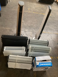 5 X ASSORTED INDOOR HEATERS AND 2 X TOWER FANS AND SILVERLINE HEAVY DUTY TYROLEAN FLICKER MACHINE