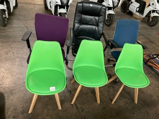 3 X OFFICE CHAIRS ASSORTED COLOURS AND 3 X GREEN PADDED CHAIRS