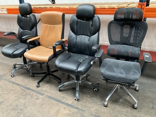 4 X ASSORTED OFFICE CHAIRS TO INCLUDE 2 X BLACK LEATHER 1 X BROWN LEATHER 1 X MESH