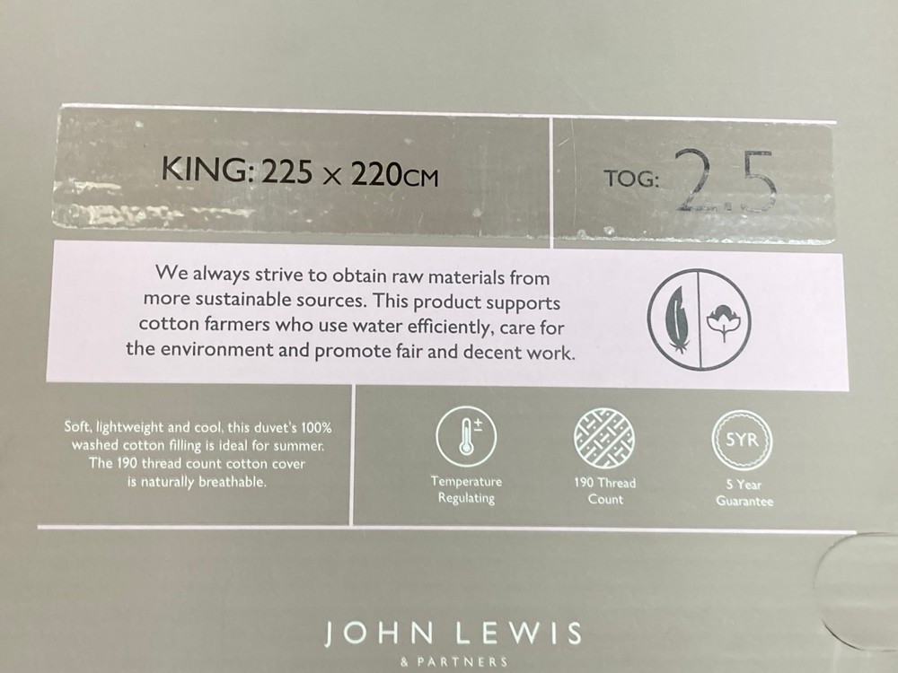 John Pye Auctions JOHN LEWIS NATURAL 2.5 TOG LIGHT COTTON COMFORT DUVET KING 225 X 220CM
