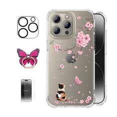 24 X ROSEPARROT , 4-IN-1 IPHONE 15 PRO MAX CASE WITH TEMPERED GLASS SCREEN PROTECTOR + CAMERA LENS PROTECTOR,CLEAR WITH FLORAL PATTERN DESIGN,SHOCKPROOF PROTECTIVE COVER,6.7", COLORFUL CAT  - TOTAL R