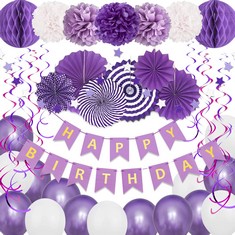 12 X WHALINE BIRTHDAY PARTY DECORATION, PURPLE BIRTHDAY BALLOONS BANNER WITH 10 HANGING SWIRLS, 7 PAPER POM POMS FLOWERS, 6 PAPER FAN TISSUE, 1 STAR BANNER, BIRTHDAY PARTY SUPPLIES FOR GIRL WOMEN - T