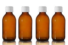 39 X THIS HEALTH 200ML AMBER PLASTIC BOTTLES WITH WHITE MEDICAP LIDS ~ PACK OF 4 ~ CHILD RESISTANT CLOSURE, REFILLABLE, REUSABLE, AND TRAVEL SIZED STRONG MEDICINE BOTTLE. - TOTAL RRP Â£215:: LOCATION