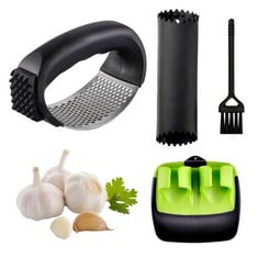 27 X GARLIC PRESS ROCKER STAINLESS STEEL GARLIC CRUSHER KITCHEN GINGER GARLIC MINCER WITH SILICONE PEELER AND CLEANING BRUSH - TOTAL RRP £193: LOCATION - D
