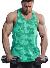QUANTITY OF ASSORTED ITEMS TO INCLUDE LEHMANLIN MEN'S STRINGER TANK TOP Y BACK MUSCLE BODYBUILDING GYM SHIRTS , GREEN S : LOCATION - E