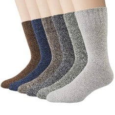 QUANTITY OF ASSORTED ITEMS TO INCLUDE JUSTAY COMF 6 PAIRS OF MEN'S WOOL SOCKS BREATHABLE AND WARM WINTER THICK THERMAL SOFT HIKING SOCKS HOME SOCKS BEST CHOICE FOR GIFTS, BLUE/LIGHT GRAY/DARK GRAY/GR