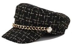 QUANTITY OF ASSORTED ITEMS TO INCLUDE EBONY WOMEN PLAID-TWEED NEWSBOY-BAKER-BOY HAT CAPTAIN-SAILOR FISHERMAN HAT PEAKED-BERET WITH CHAIN , MEDIUM, BLACK : LOCATION - E