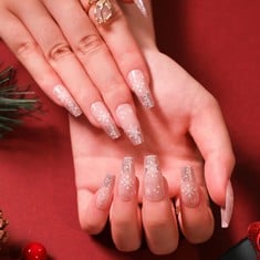 49 X HANDCROSS CHRISTMAS FALSE NAIL LONG NUDE PRESS ON NAILS BALLERINA FAKE NAILS GLITTER SNOWFLAKE STICK ON NAILS FOR WOMEN AND GIRLS 24 PCS - TOTAL RRP £172: LOCATION - A