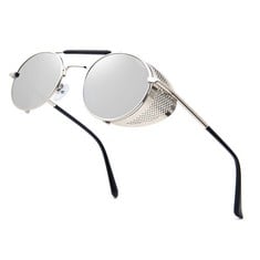 19 X ANDROID STEAMPUNK STYLE ROUND SUNGLASSES FOR MEN WOMEN VINTAGE RETRO EYEWEAR METAL FRAME UV400 PROTECTION SILVER FRAME SILVER LENS - TOTAL RRP £249: LOCATION - A